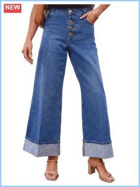 Wide Leg Mid Rise Buttoned Straight Leg Turned-up Hem Jeans
